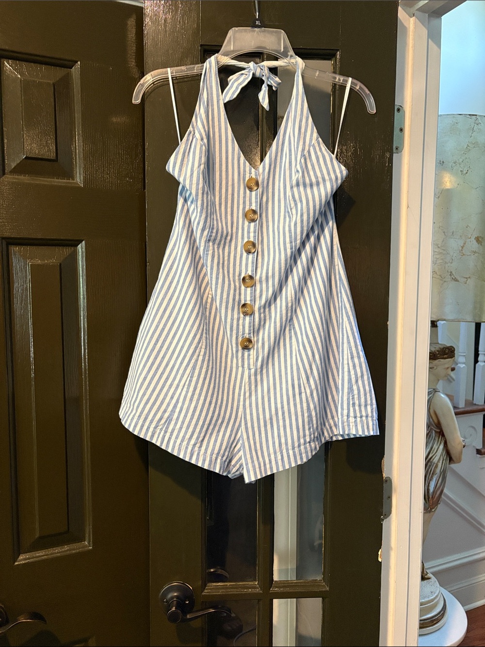 Blue & White Striped Halter Romper with Front Buttons